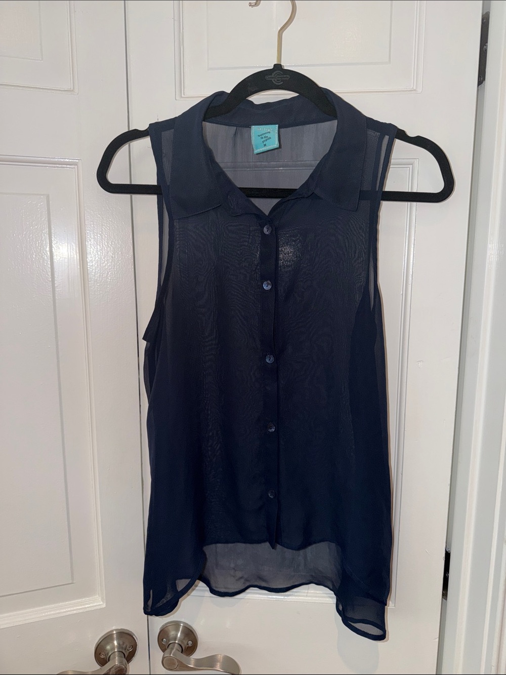 h.i.p. Sheer Navy Sleeveless Button-Front Blouse